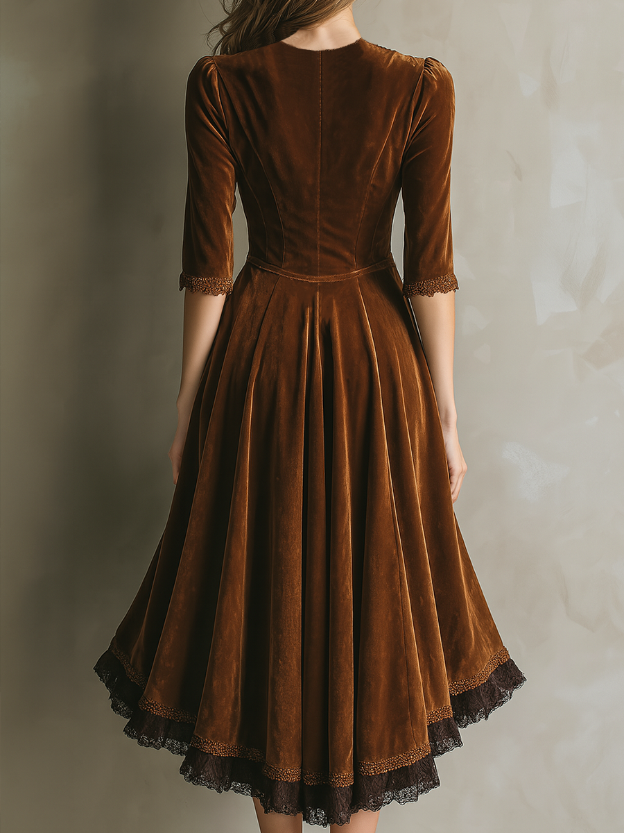 Vintage Three-Quarter Lace Velvet Midi Dress