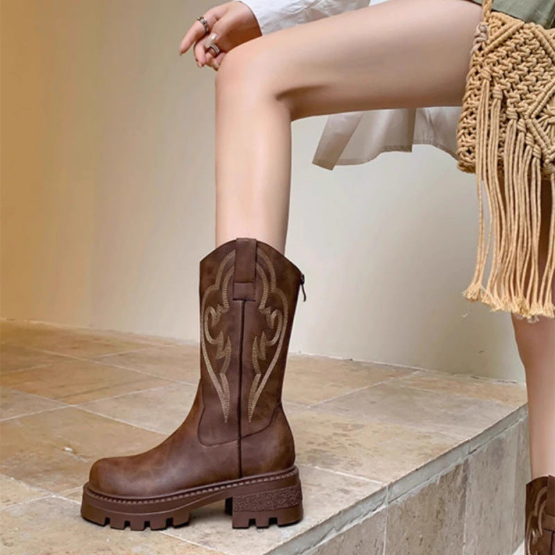 Retro soft leather thick-soled boots star_border