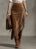Retro Western Irregular Fringed Suede Skirt