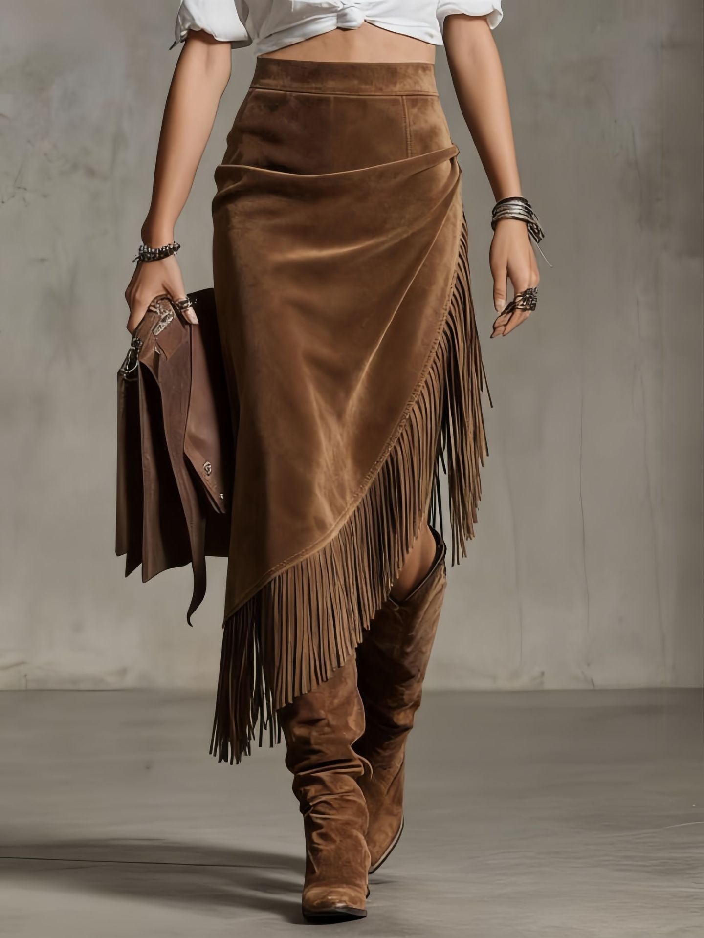 Retro Western Irregular Fringed Suede Skirt