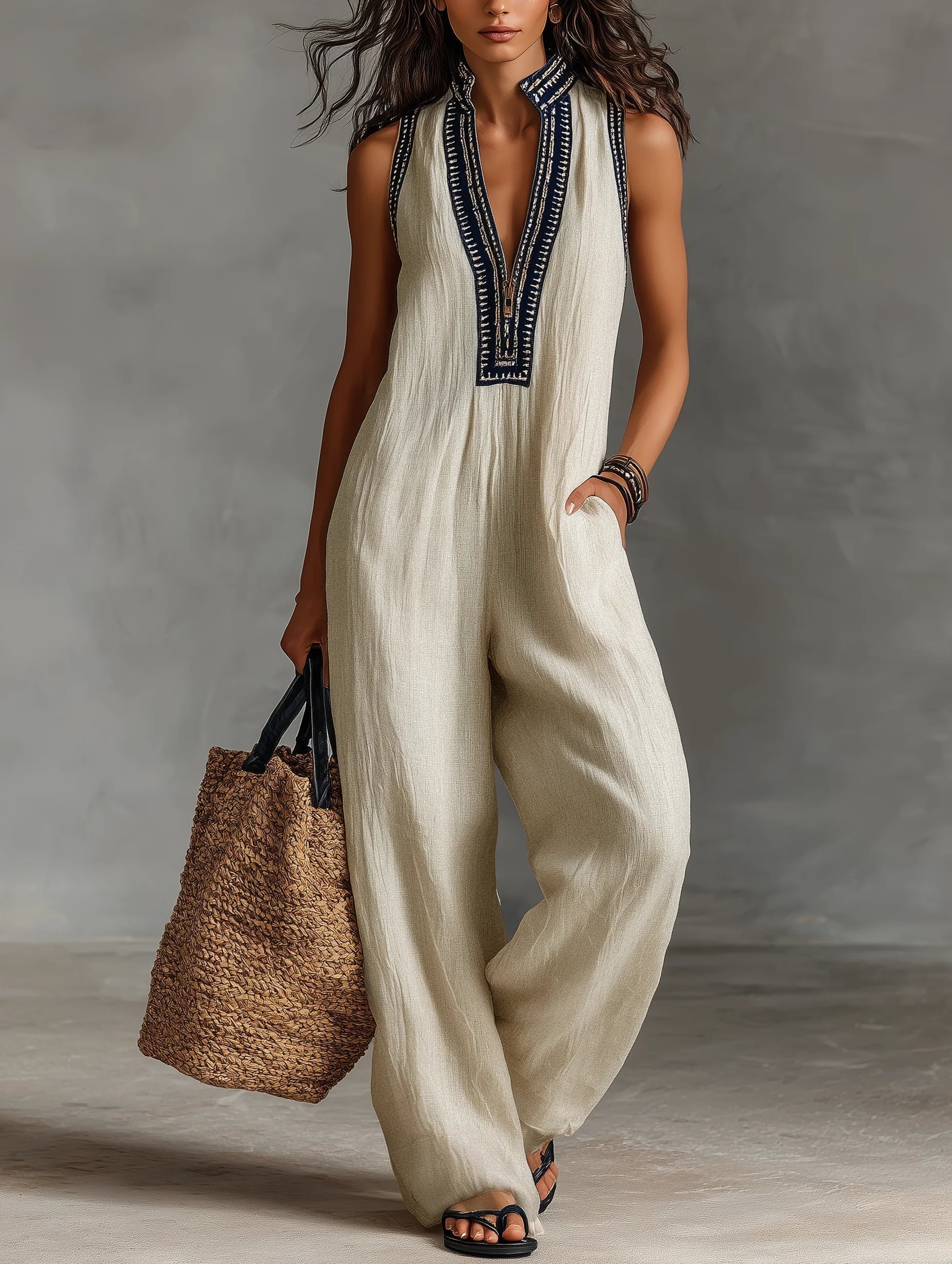 Embroidered Linen Jumpsuit