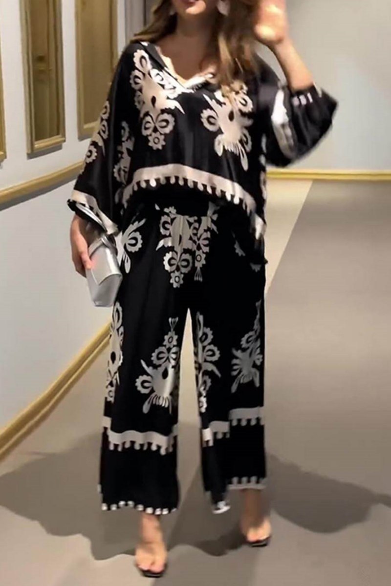 Unique Print Irregular Long Sleeve Top Pants Set
