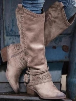 Vintage high-top leather buckle-decorated boots