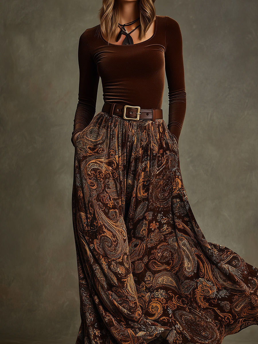 Vintage Velvet Top & Paisley Print Long Skirt Set