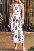 Ethnic Print Top & Tire-up Wrap Midi Skirts Set