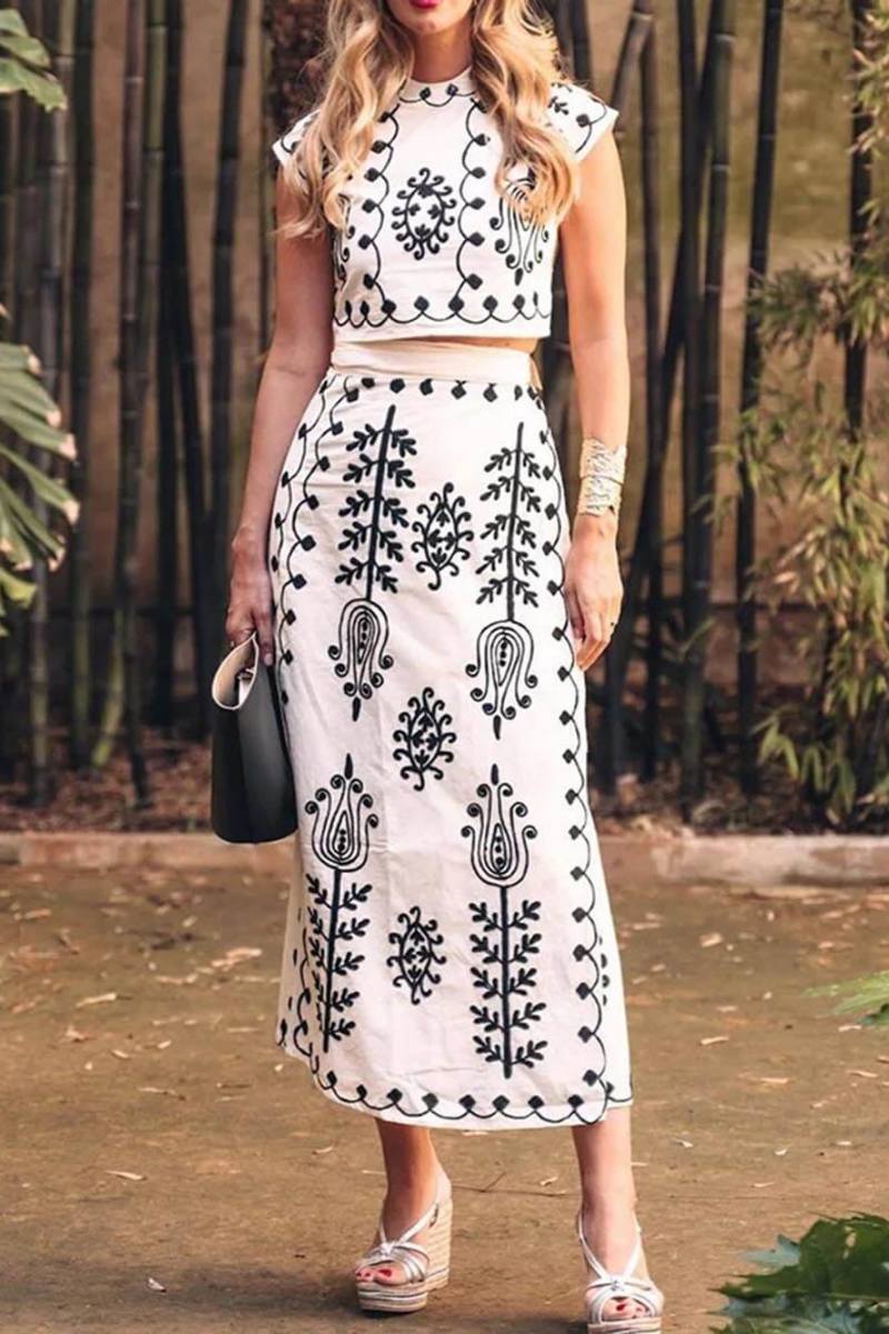 Ethnic Print Top & Tire-up Wrap Midi Skirts Set