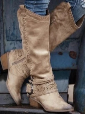 Vintage high-top leather buckle-decorated boots