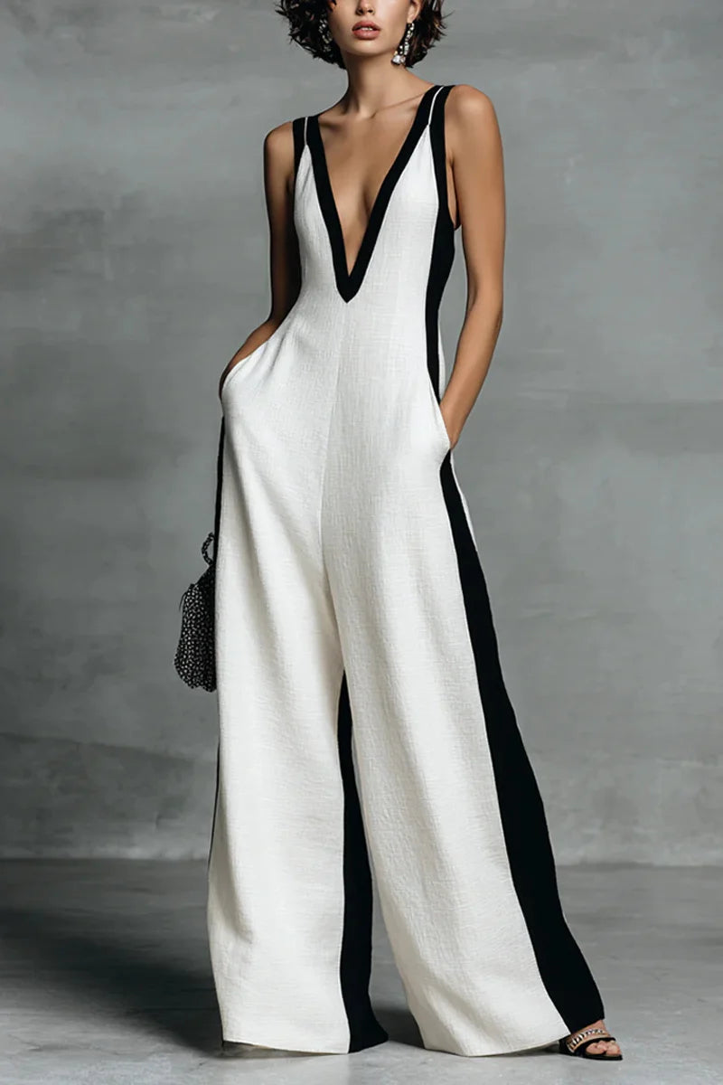 Black & White Contrast Stripe Sleeveless Jumpsuit