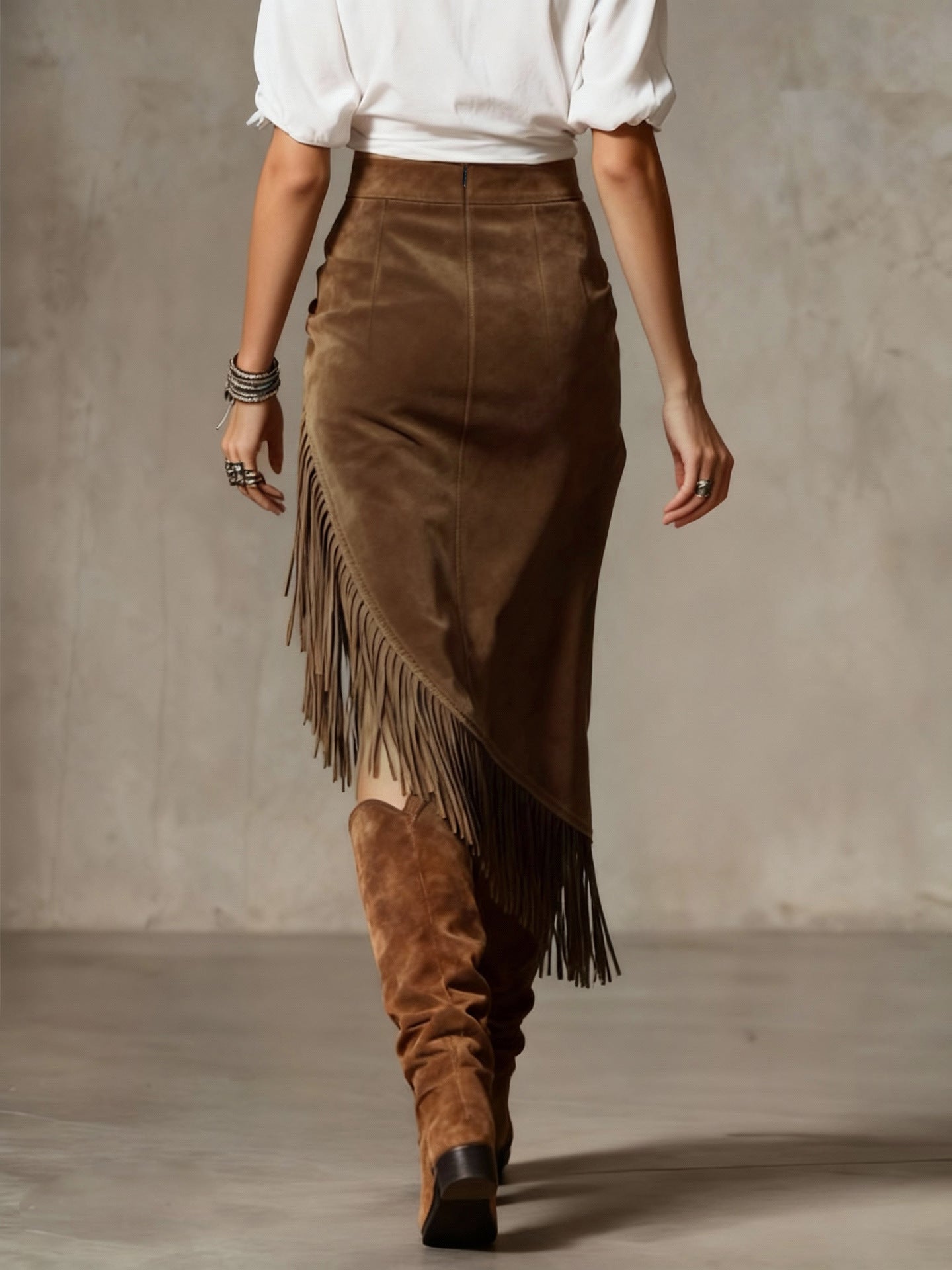 Retro Western Irregular Fringed Suede Skirt