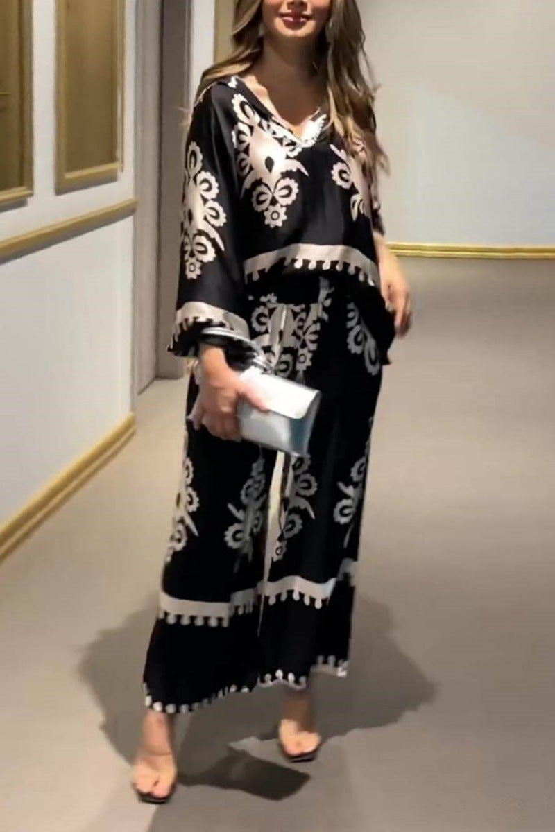 Unique Print Irregular Long Sleeve Top Pants Set