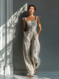 Beige Stripe Linen Tie-Shoulder Wide-Leg Jumpsuit
