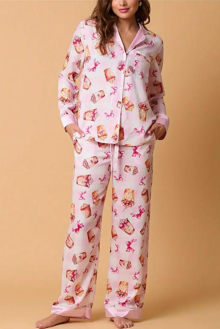 Bowknot Milk Tea Print Set Long Sleeve Shirt