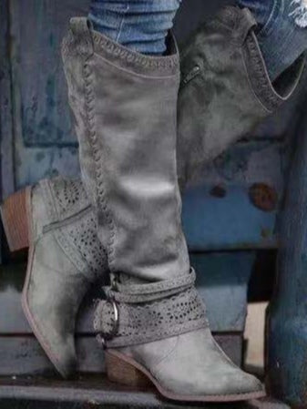 Vintage high-top leather buckle-decorated boots