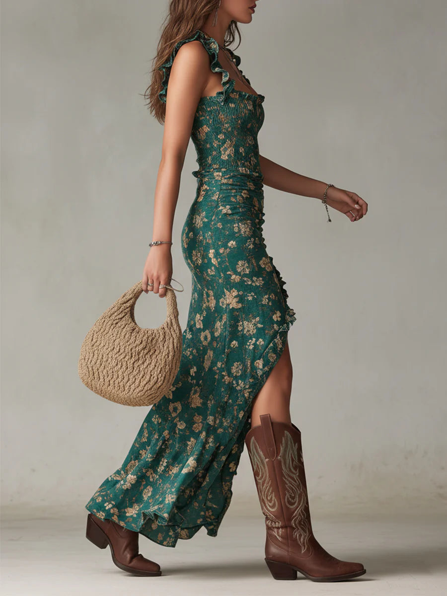 Bohemian Green Printed Maxi Dress