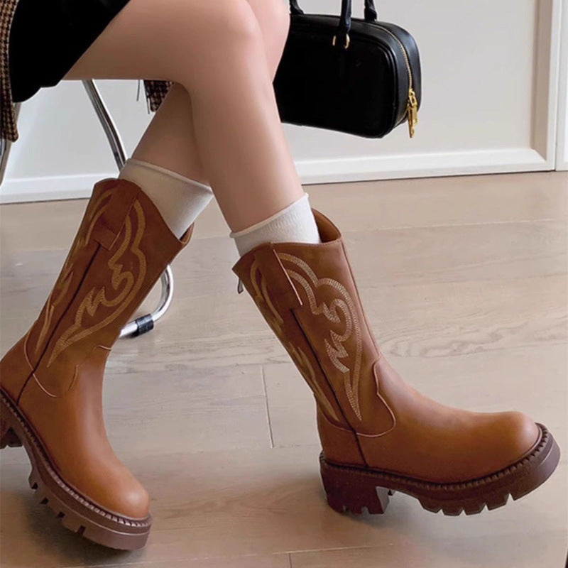 Retro soft leather thick-soled boots star_border
