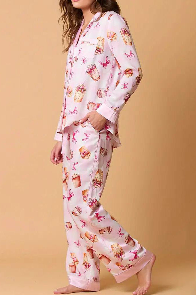 Bowknot Milk Tea Print Set Long Sleeve Shirt