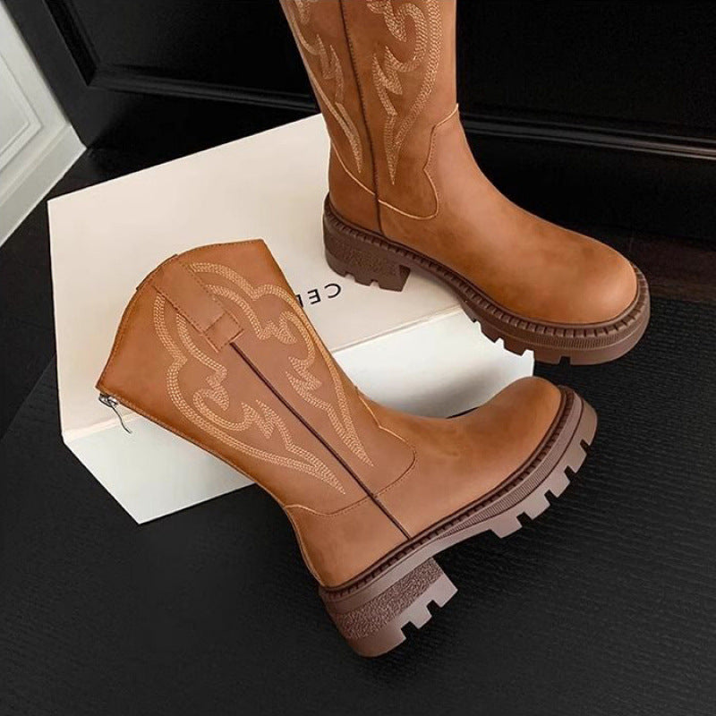Retro soft leather thick-soled boots star_border