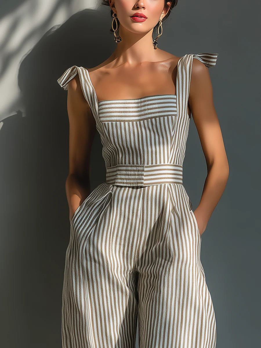 Beige Stripe Linen Tie-Shoulder Wide-Leg Jumpsuit