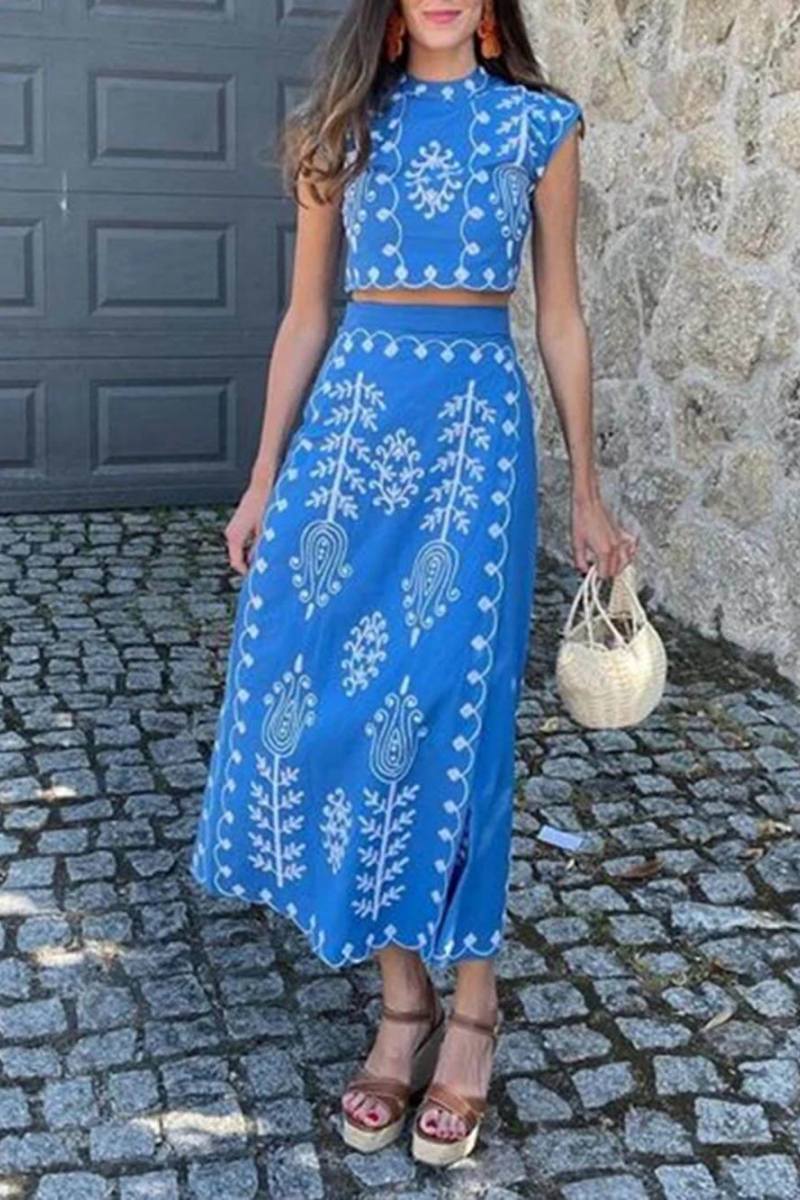 Ethnic Print Top & Tire-up Wrap Midi Skirts Set