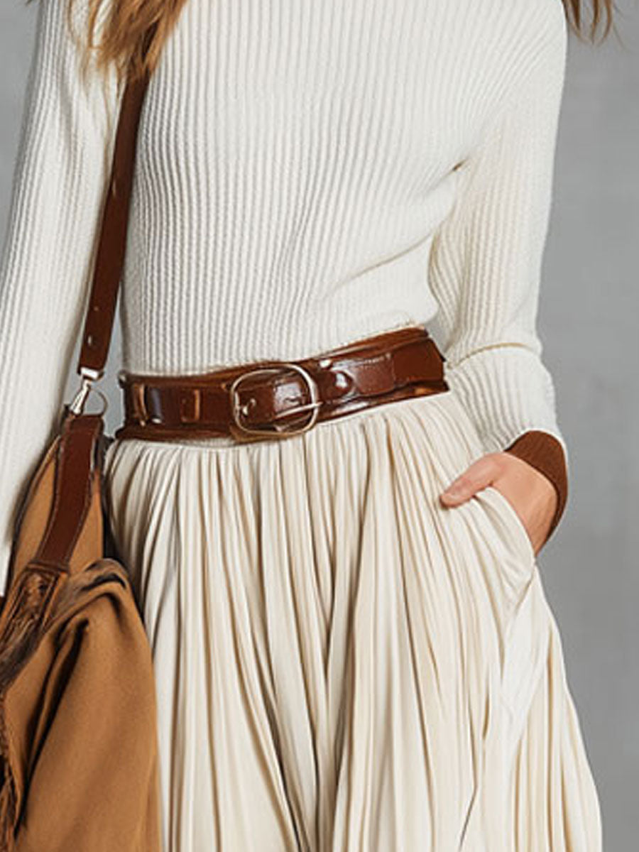 Simple Beige Velvet Lace-up Pocket Skirt