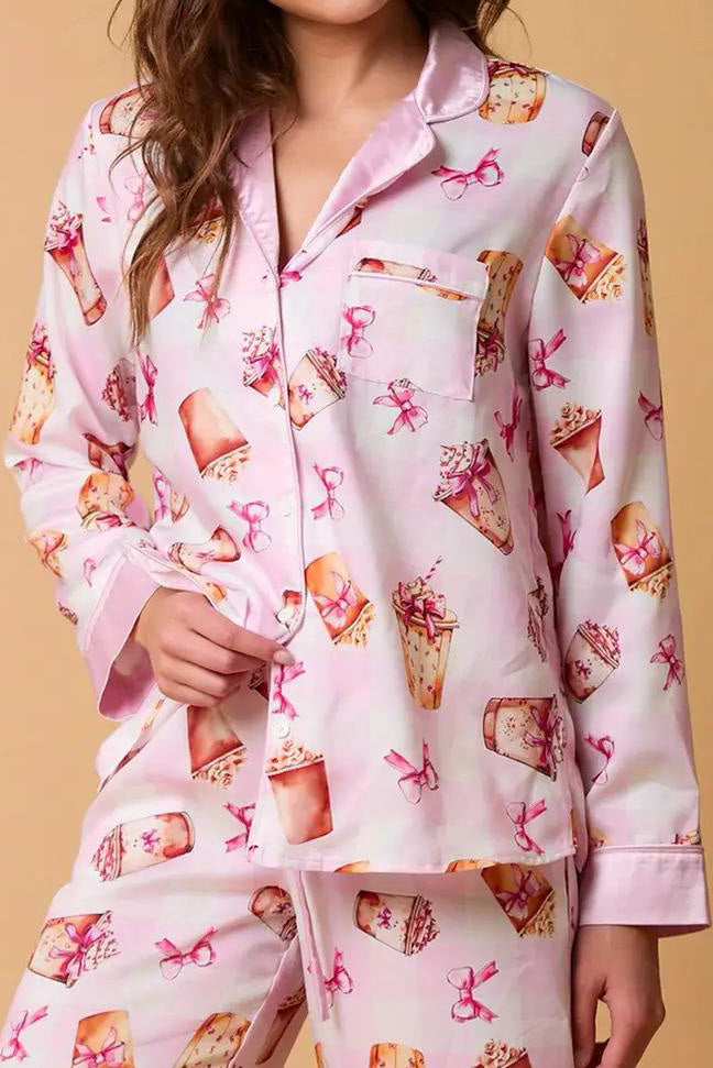 Bowknot Milk Tea Print Set Long Sleeve Shirt