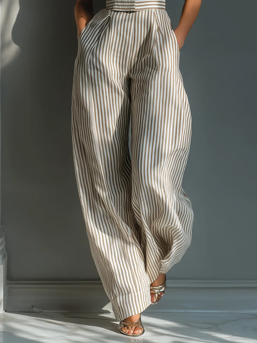 Beige Stripe Linen Tie-Shoulder Wide-Leg Jumpsuit