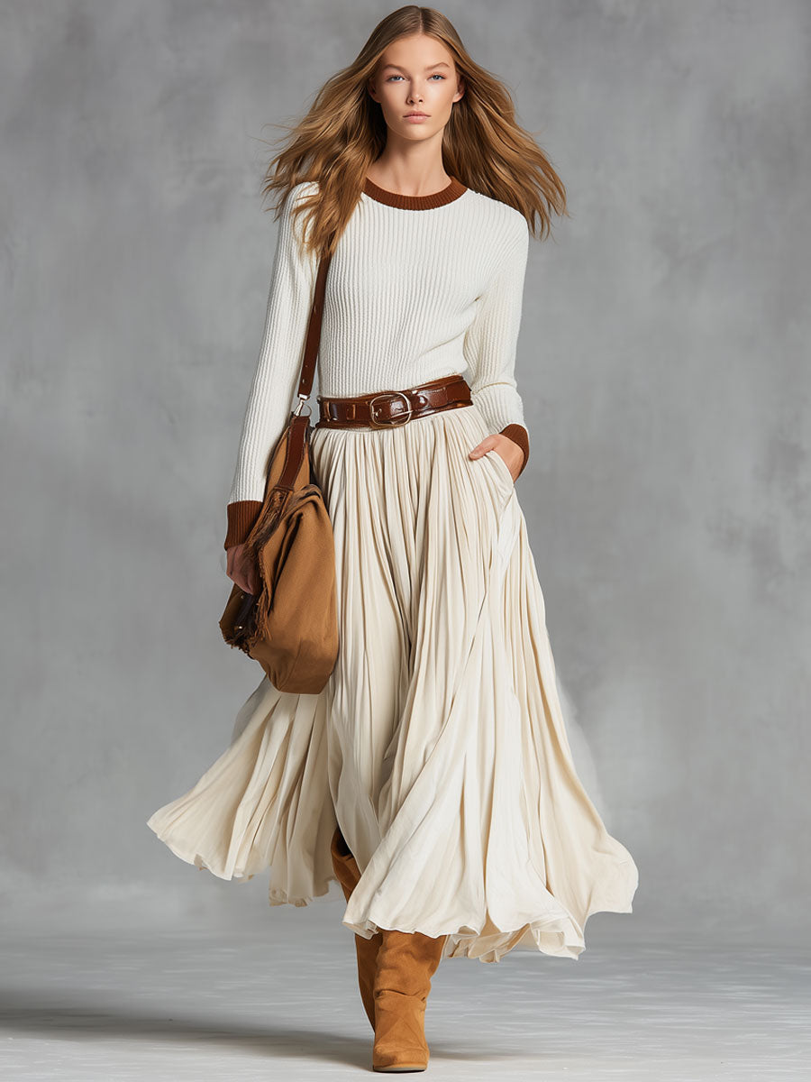 Simple Beige Velvet Lace-up Pocket Skirt