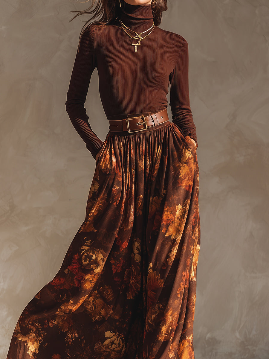 Retro Turtleneck Knitted Top & Printed Skirt Set