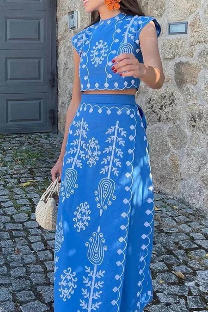 Ethnic Print Top & Tire-up Wrap Midi Skirts Set