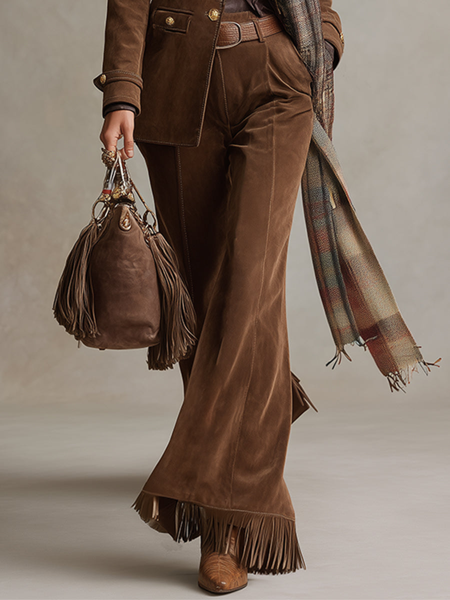 Retro Versatile Brown Faux Suede Tassel Pants