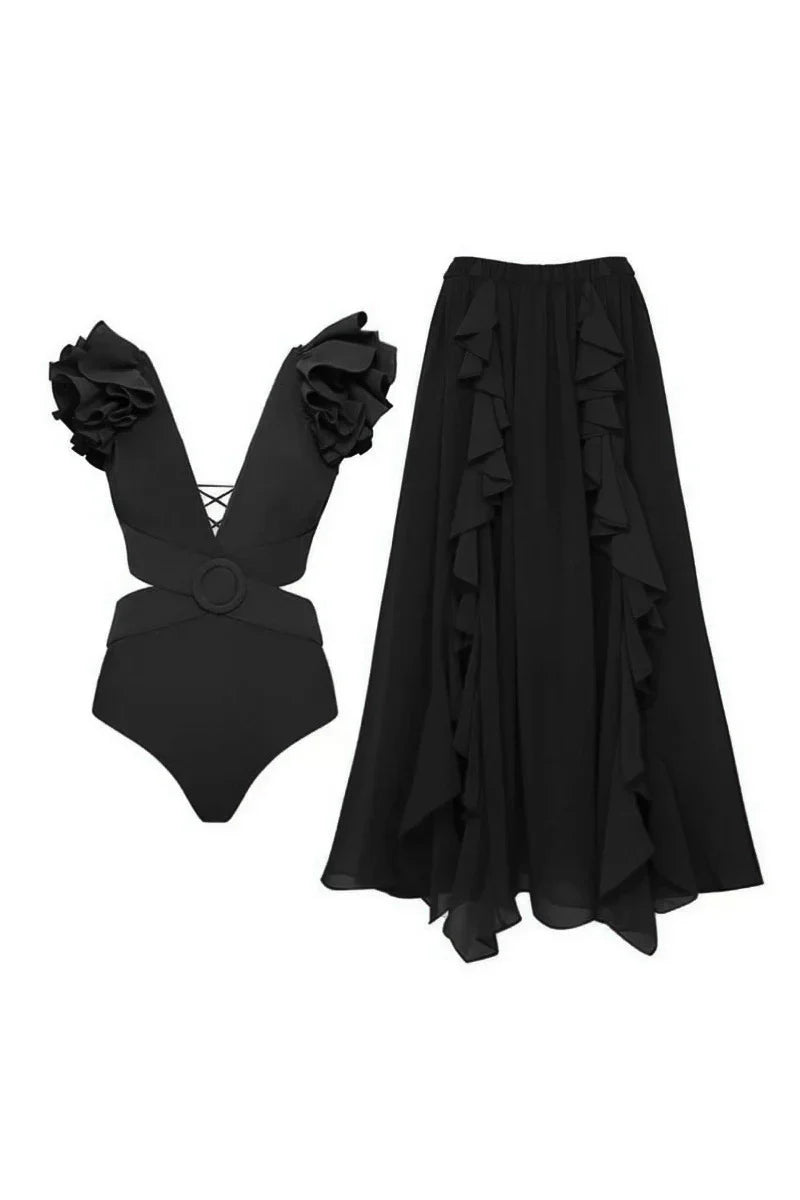 3D Floral Shoulder Detail Hollow Black Set