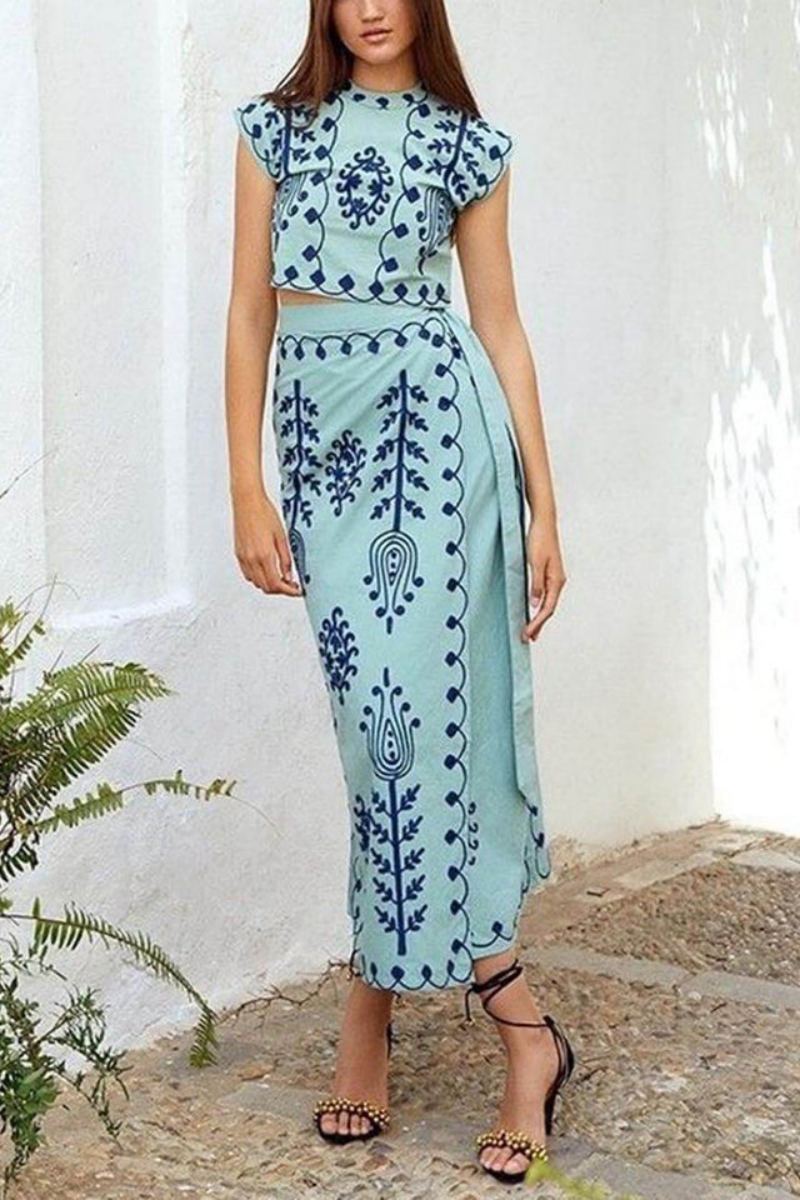 Ethnic Print Top & Tire-up Wrap Midi Skirts Set