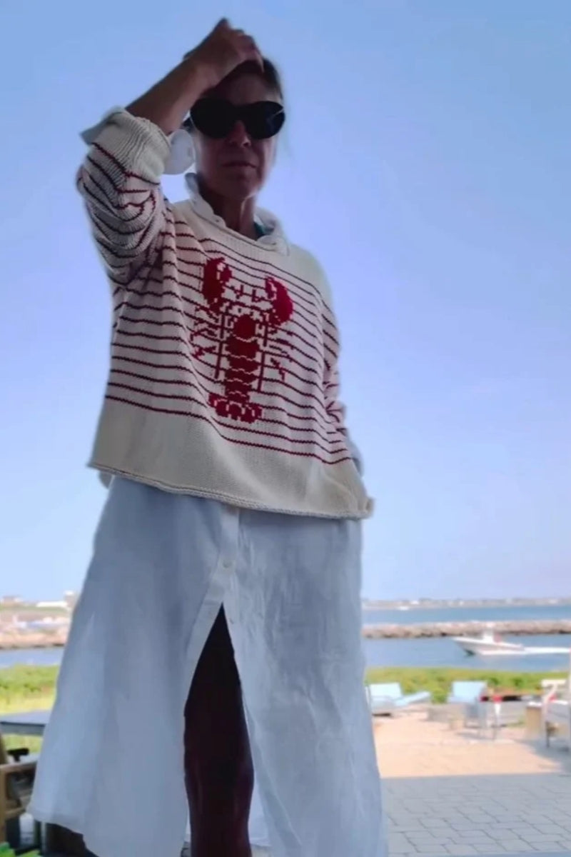 Cream & Red Striped Lobster Graphic Sweater