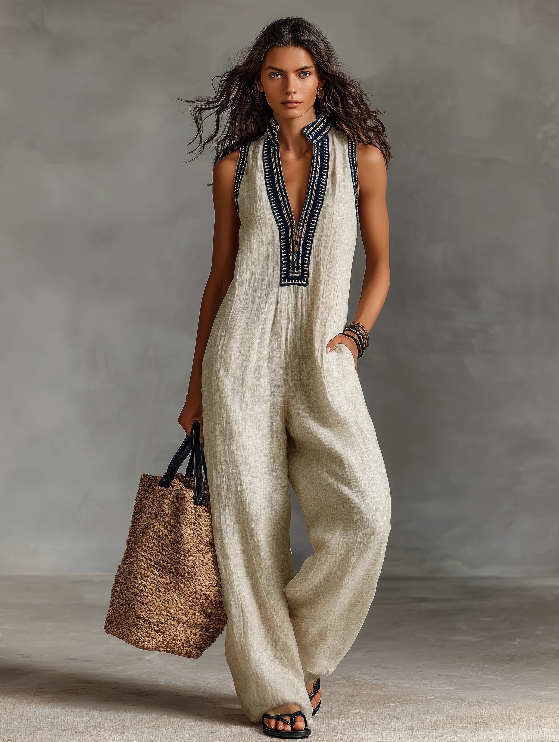 Embroidered Linen Jumpsuit