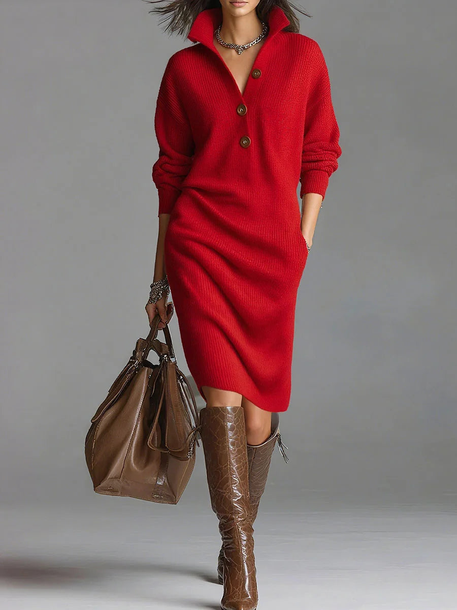 Solid stand collar long sleeve loose knit dress