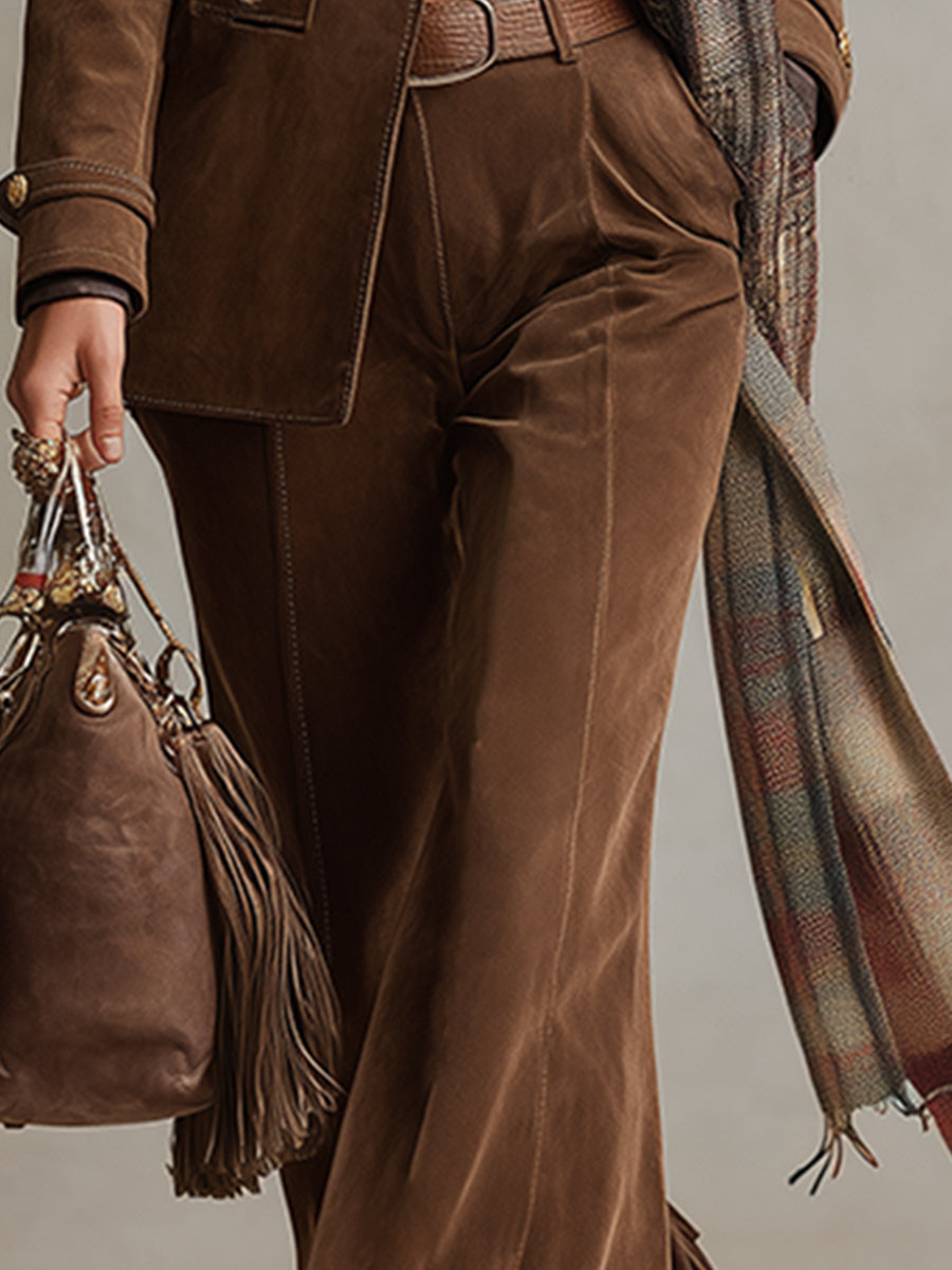 Retro Versatile Brown Faux Suede Tassel Pants