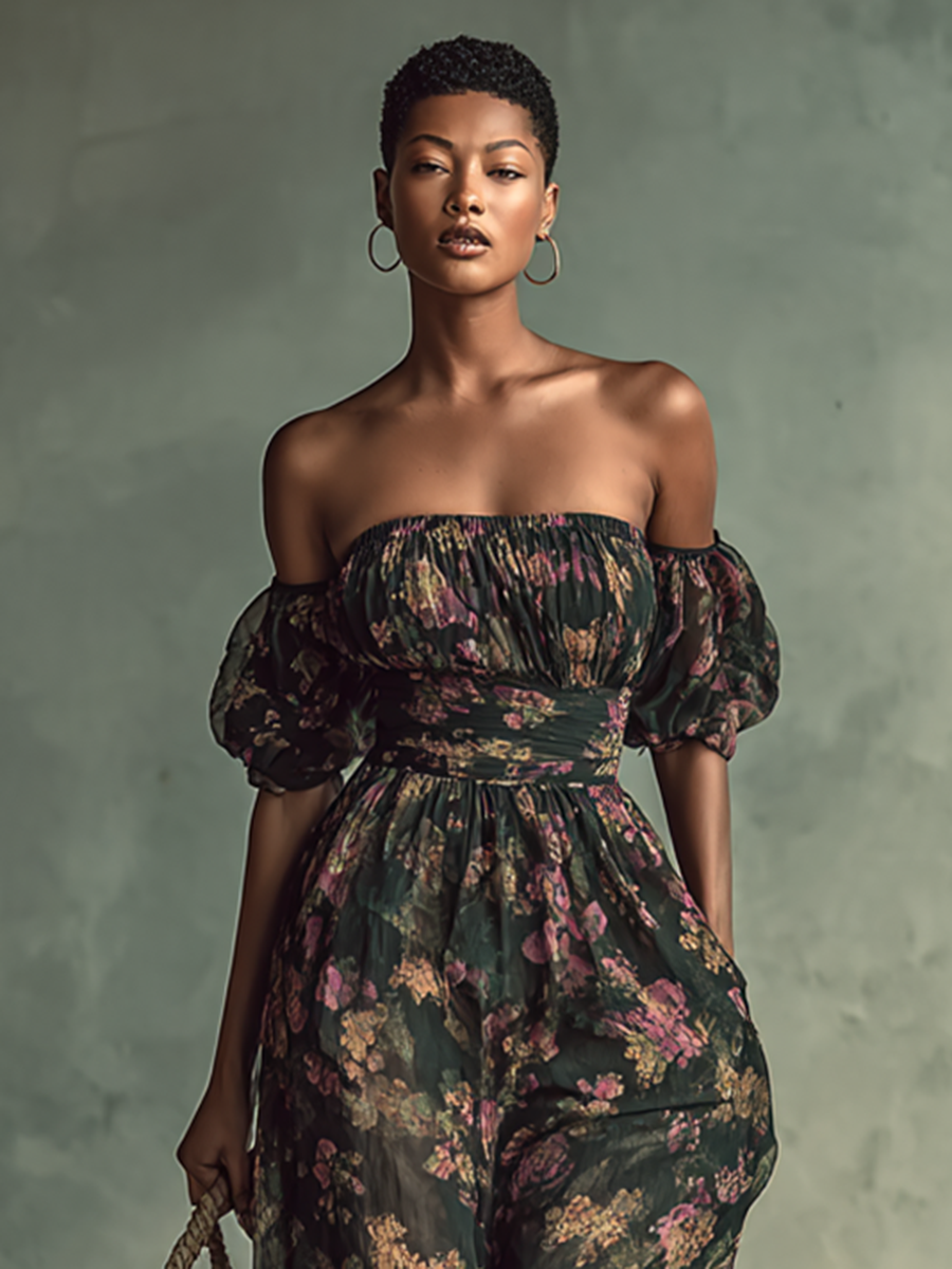 Floral Print Bandeau Short Sleeve Waist Jumpsuit