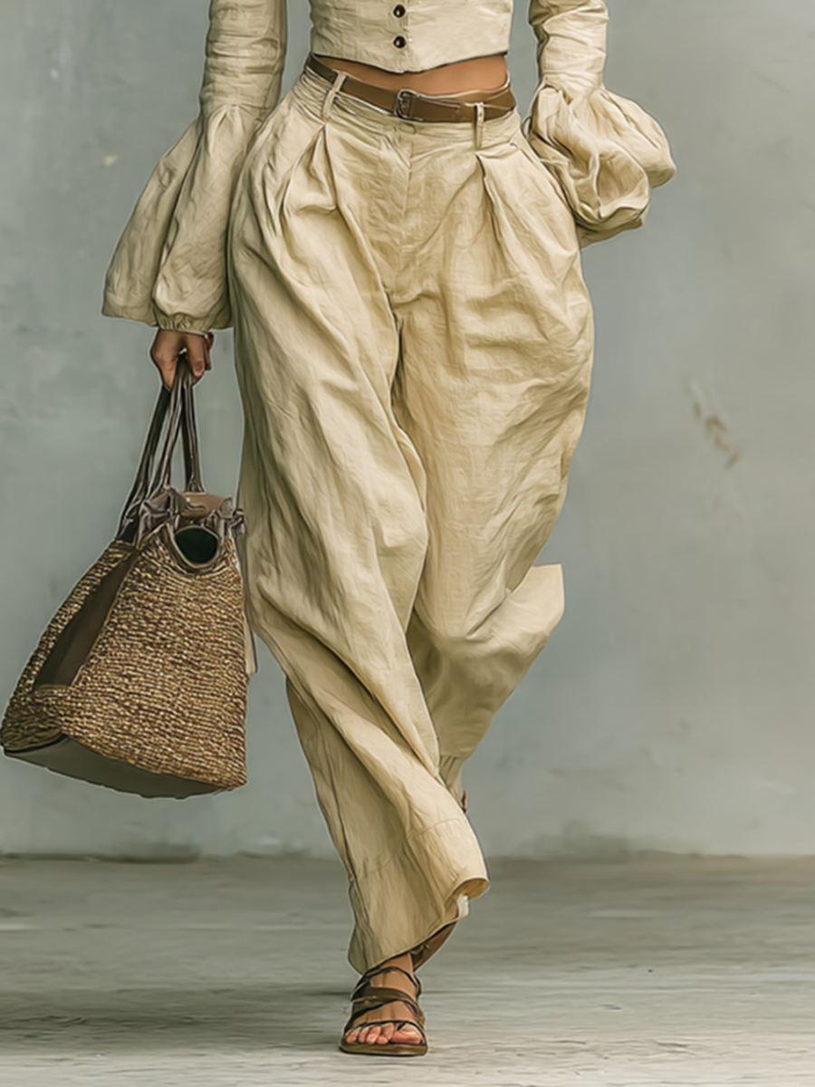Retro Fabric Collar Shirt Trousers Two-piece Set