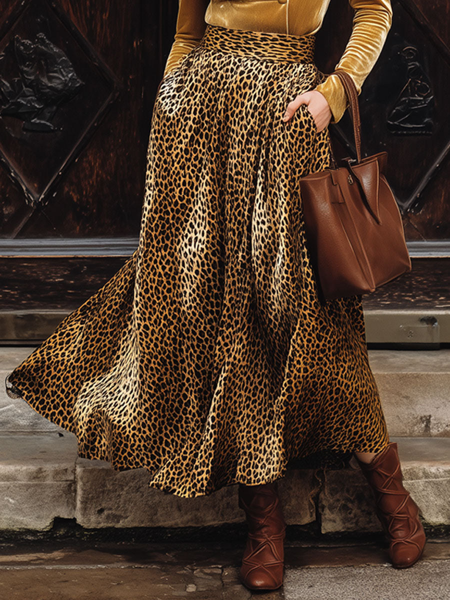 Gold Velvet V-Neck Shirt Leopard Print Skirt Set