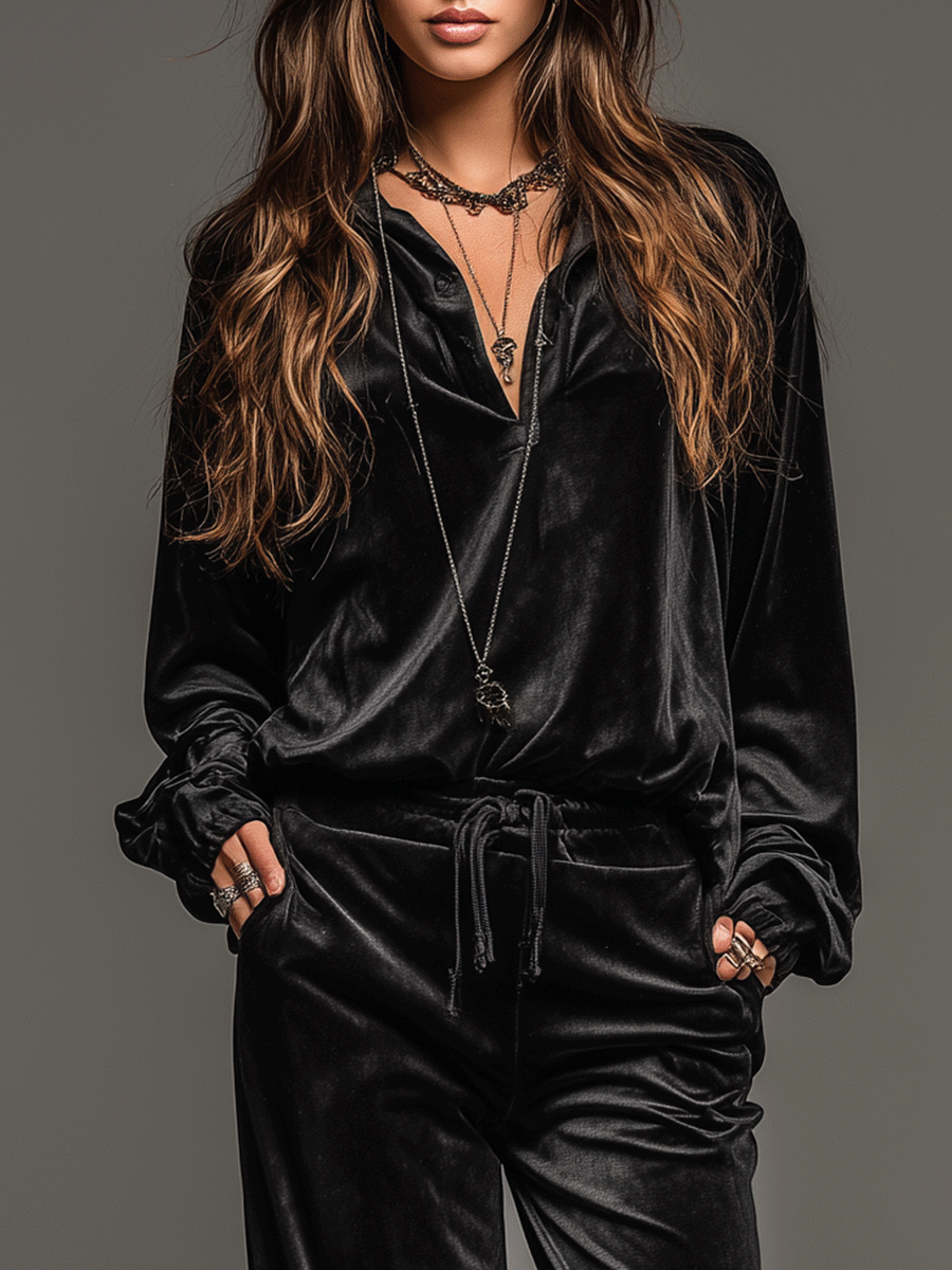 Relaxed Black Velvet Shirt Wide-Leg Pants Set