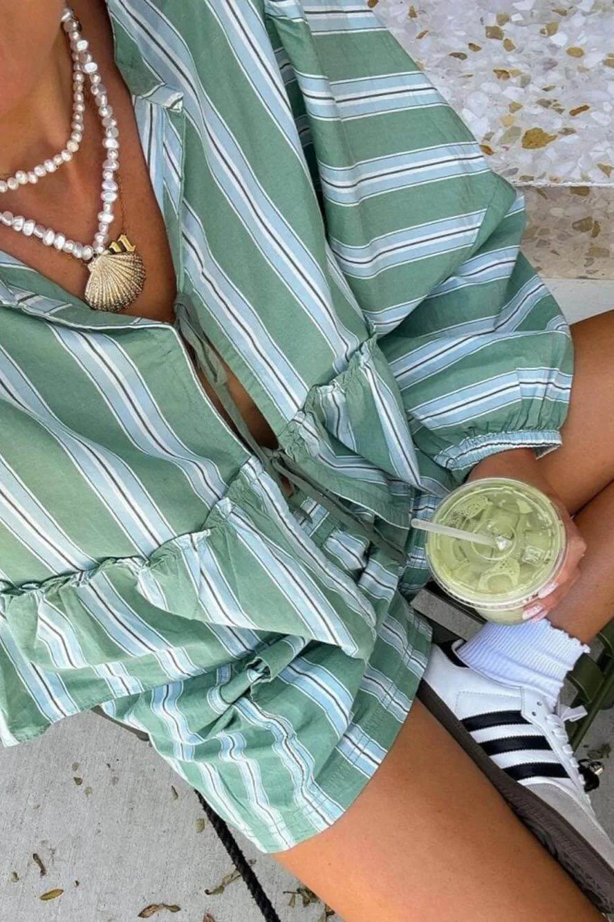 Lantern Sleeve Stripe Shirt Shorts Set