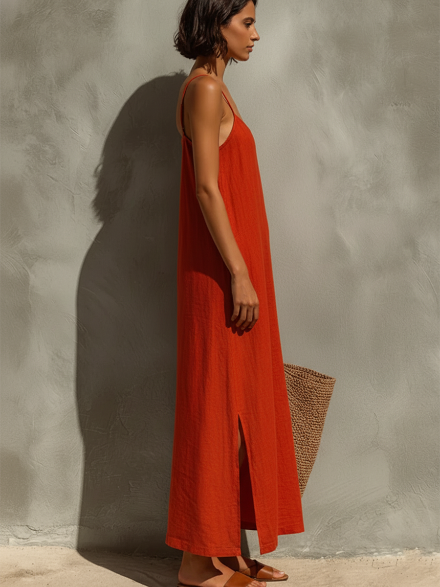 Red Cotton Square Neck Spaghetti Strap Dress