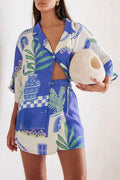 Unique Print Loose Shirt Elastic Wrap Skirt Set