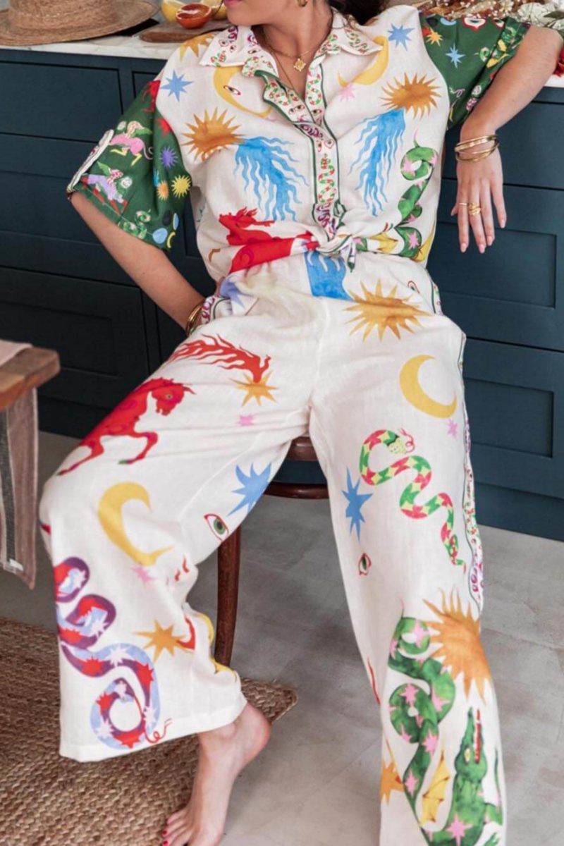 Unique Print Short Sleeve Loose Shirt Pants Set