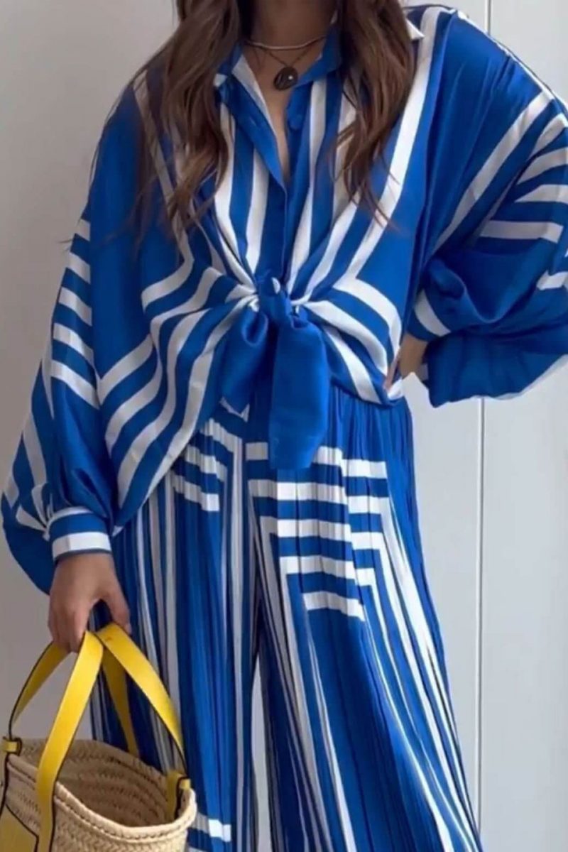 Geometric Striped Shirt & Wide Leg Pants Sets