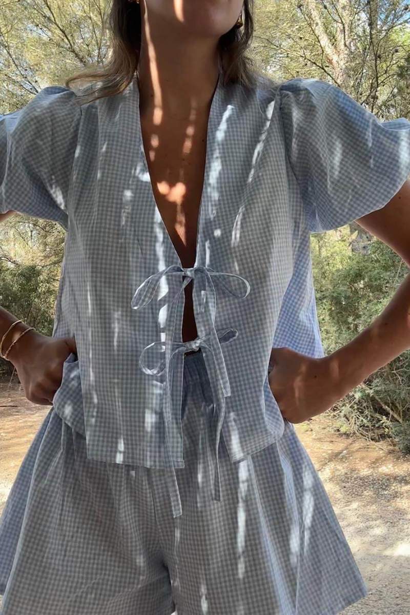 Plaid Front Top and Elastic Waist Shorts Set