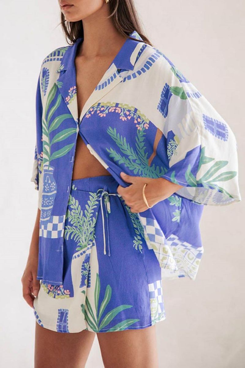 Unique Print Loose Shirt Elastic Wrap Skirt Set