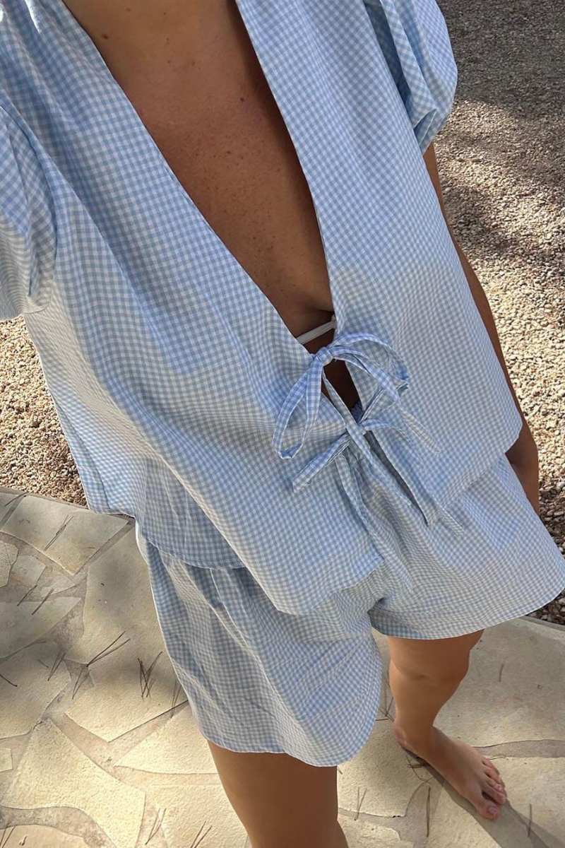Plaid Front Top and Elastic Waist Shorts Set