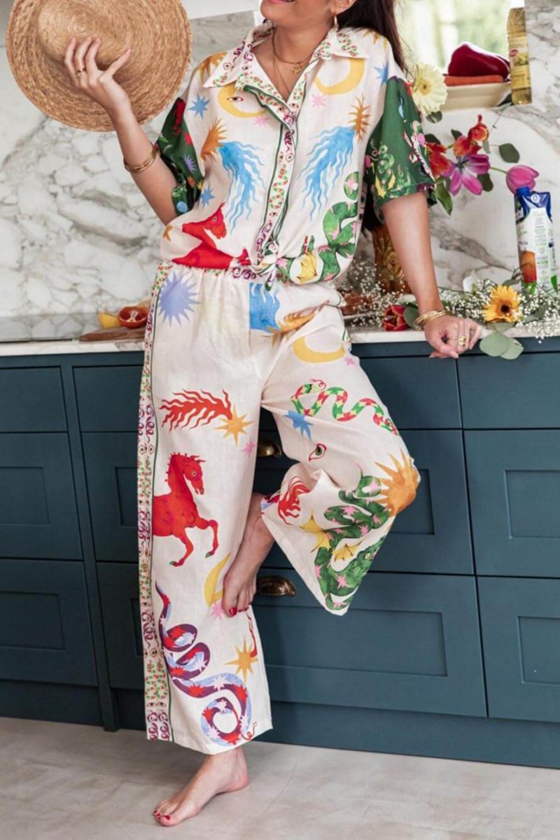 Unique Print Short Sleeve Loose Shirt Pants Set