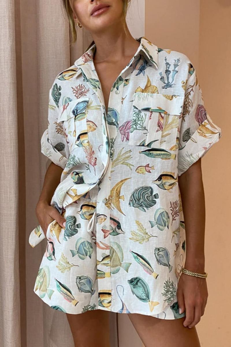 Fish Print Short Sleeve Shirt Tie-Dye Shorts Set